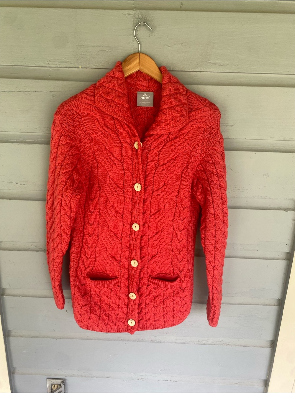 Aran Woolen Mills Red/Coral Cable-Knit Button Cardigan Sweater Large